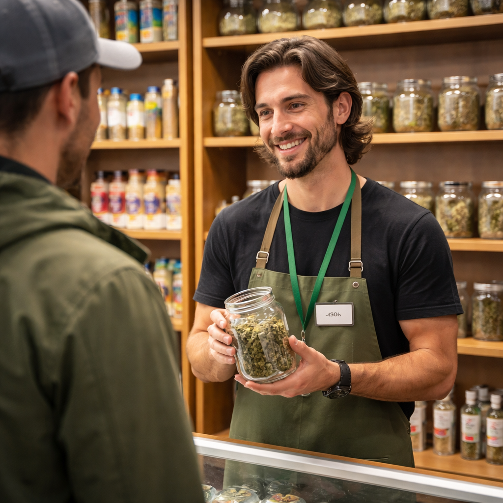 A budtender showing a product to a customer